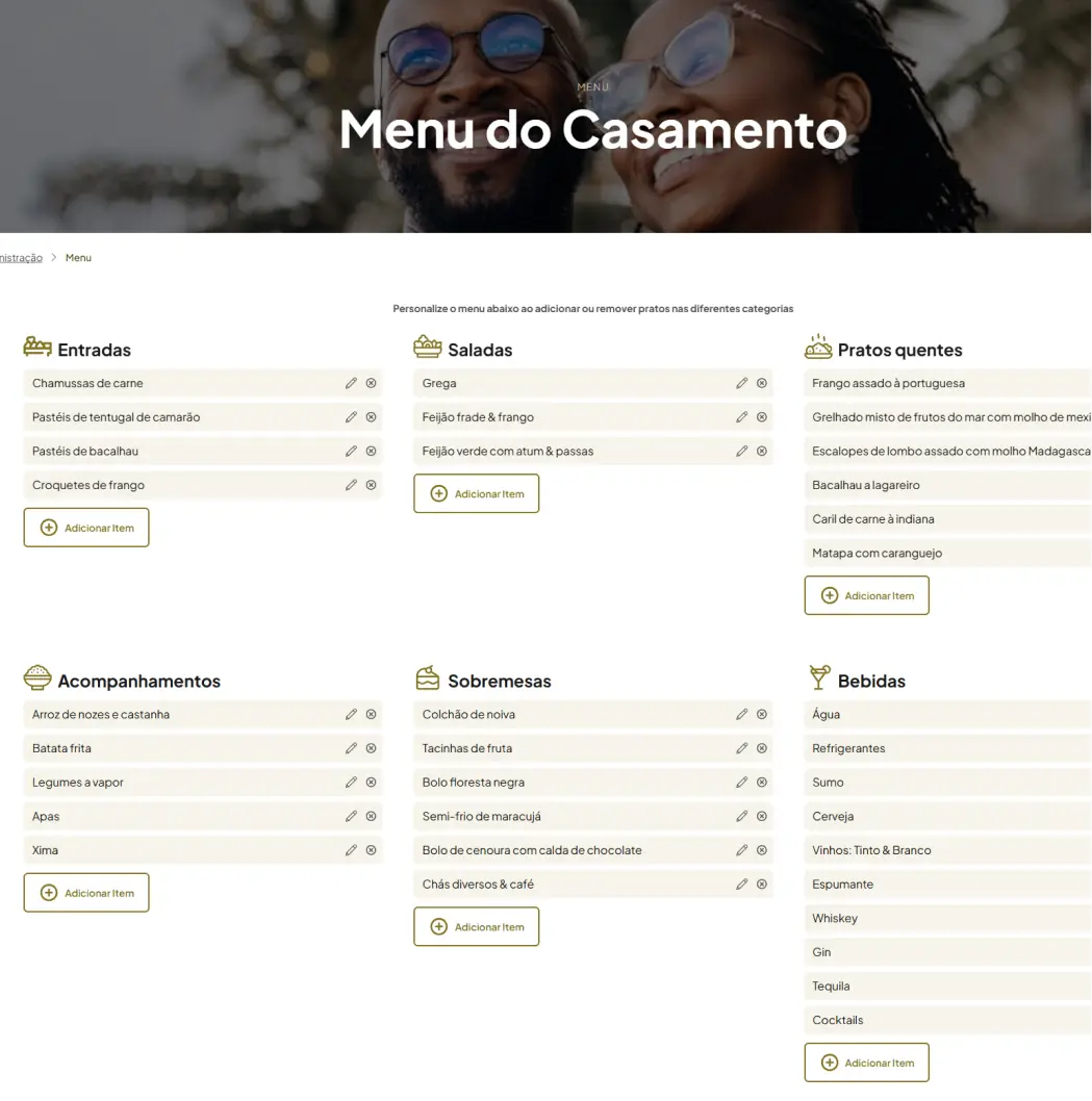 Screenshot do menu do site da Túlia e Hélder
