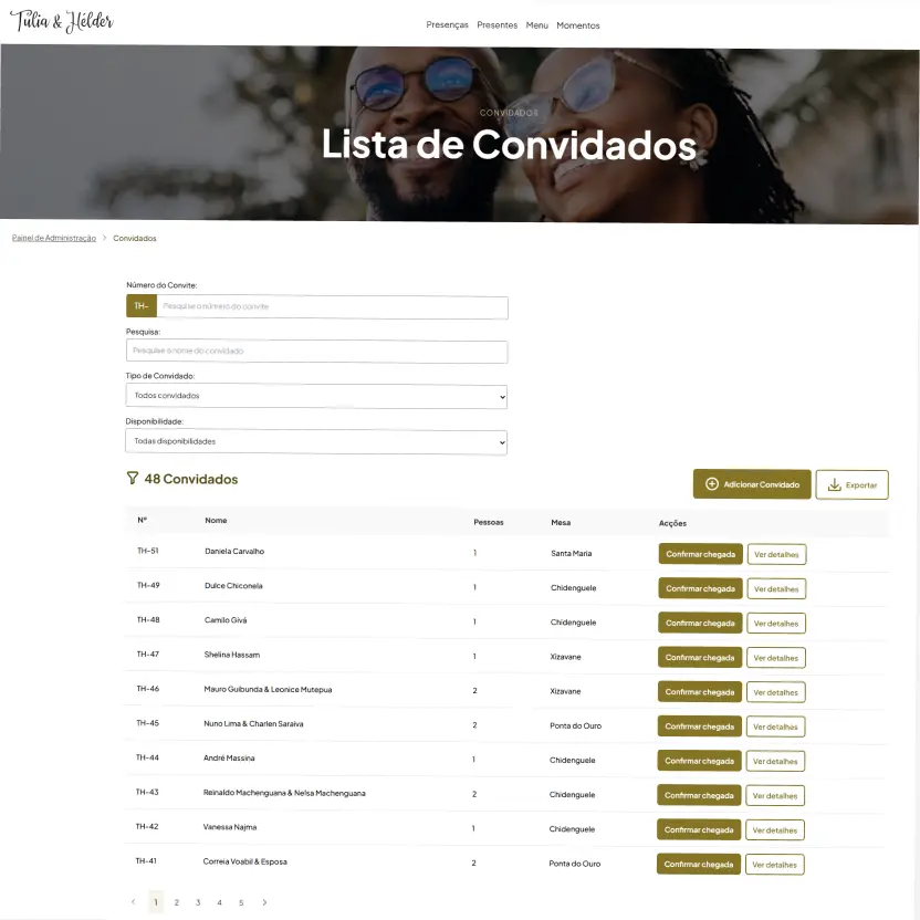 Screenshot da lista de convidados da Túlia e Hélder