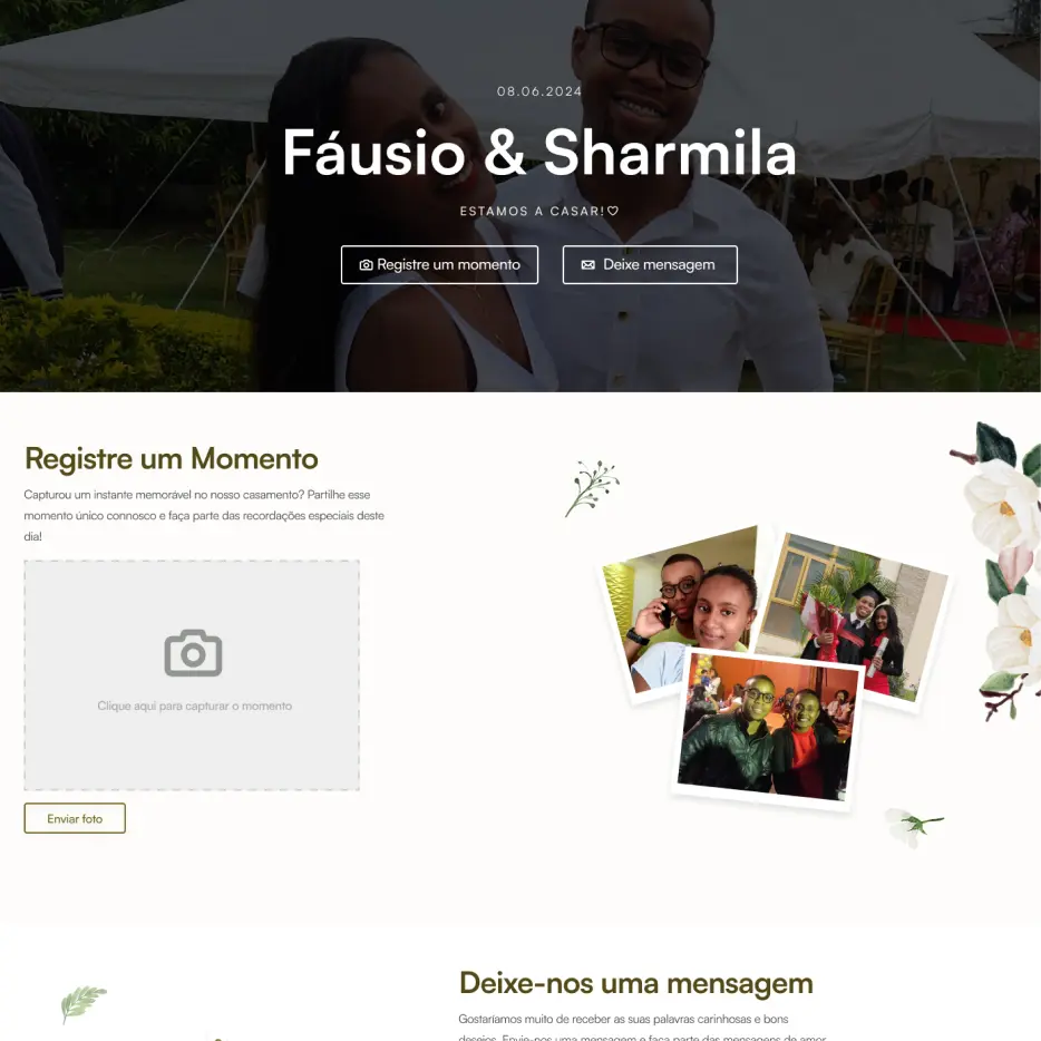 Screenshot da página inicial do website do casamento de Sharmila e Fáusio que mostra o formulário para registrar momentos