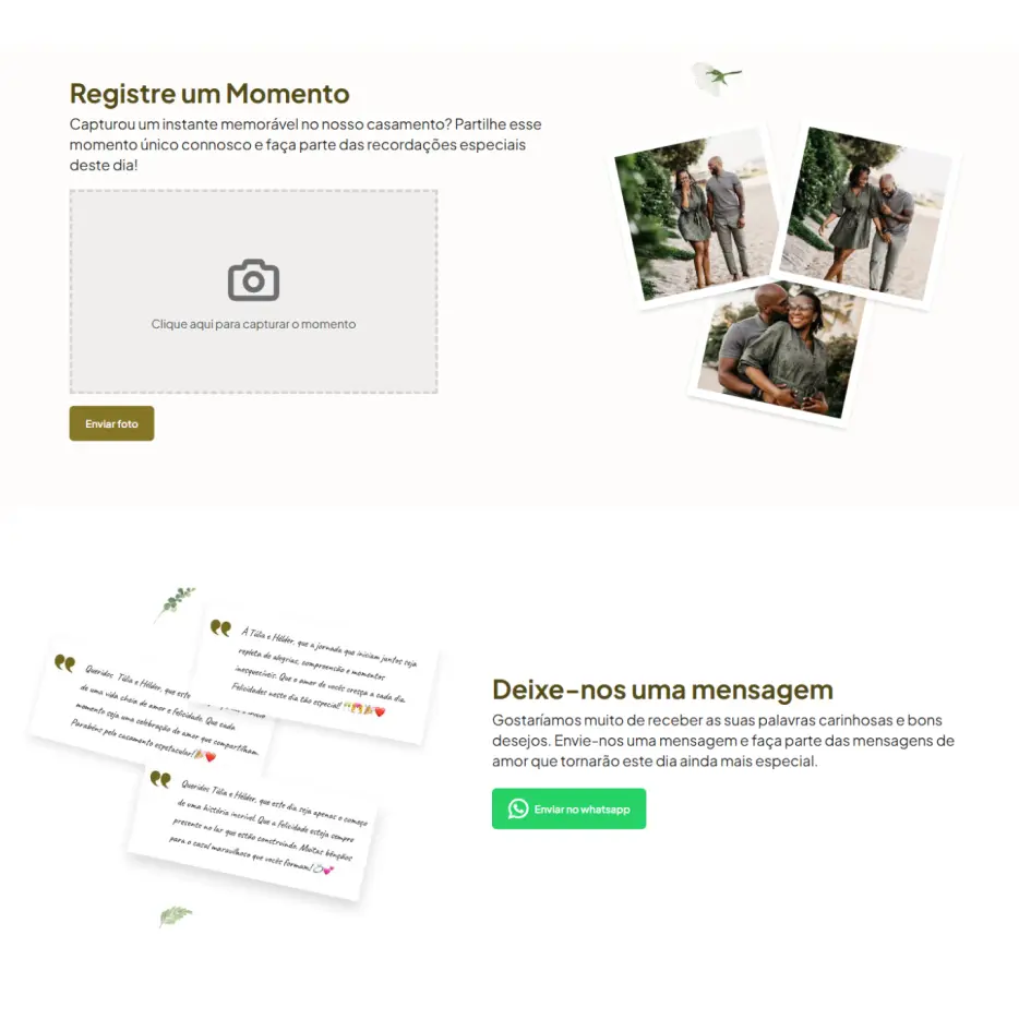 Screenshot da página inicial do website do casamento de Túlia e Hélder que mostra o formulário para registrar momentos